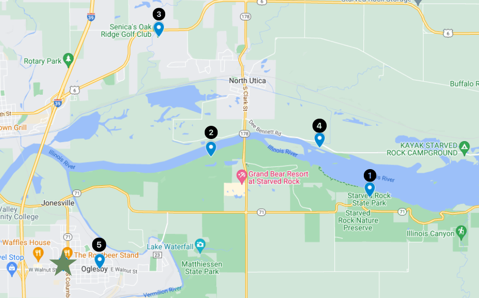 Map of five local attractions in Oglesby Illinois